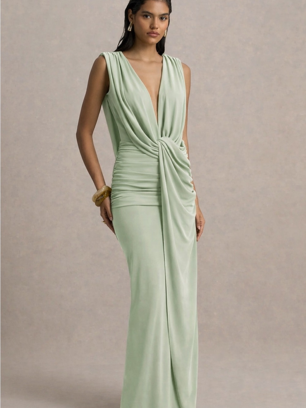 Club L London Mint Green Draped Knot Maxi Dress